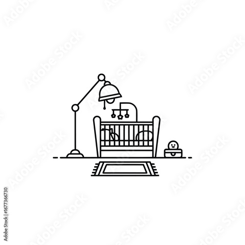 Photo of a baby crib with a floor lamp and rug, creating a nursery