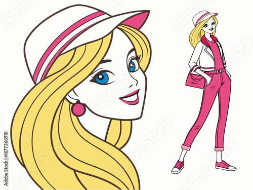 Trendy Fashion IllustratioA stylized, colorful illustration of a girl in 1980s fashion.n of a Girl in 80s Style. 