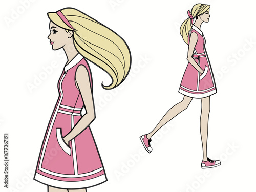 Trendy Fashion IllustratioA stylized, colorful illustration of a girl in 1980s fashion.n of a Girl in 80s Style. 