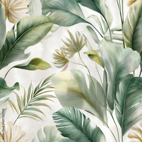Wallpaper Mural A vibrant arrangement of tropical leaves and flowers, showcasing rich greens and subtle hues for a refreshing feel. Torontodigital.ca
