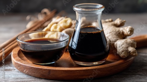 A close-up view of dark soy sauce in glass containers, presented with fresh ginger on a wooden tray.