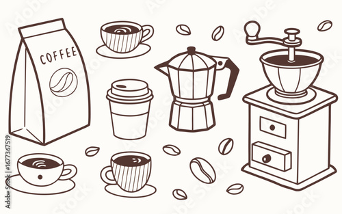 Hand drawn sketch of coffee making essentials including a grinder and moka pot