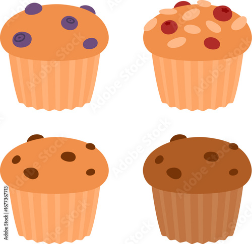 Muffin icon set. Blueberry, cranberry and almond, chocolate and chocolate chip. Vector illustration in cute hand drawn cartoon style.