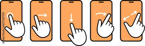 Smartphone touch screen finger gestures icons. Tap, swipe, scroll, drag, pinch to zoom. Cartoon hand drawn vector illustration set.