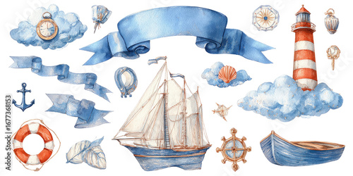 Watercolor nautical elements