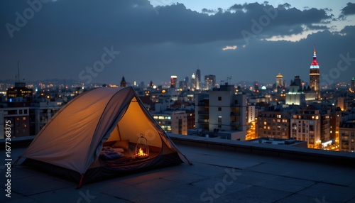 A minimalist rooftop camping tent with soft lantern light, overlooking a glowing city skyline at night, rooftop , urban camping vibe.