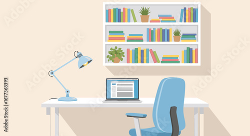 A contemporary flat design illustration of a tidy home office, featuring a desk, laptop, ergonomic chair, task lamp, and a wall-mounted bookshelf.