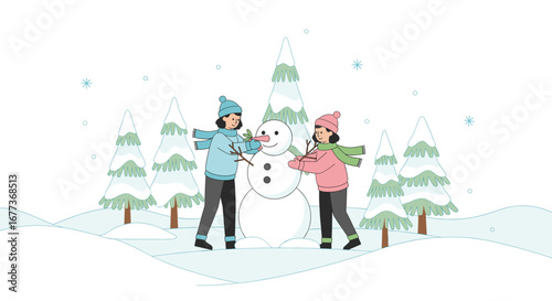 Two joyful friends collaborate to construct a charming snowman amidst a serene winter wonderland, surrounded by frost-covered evergreen trees and gentle falling flakes.