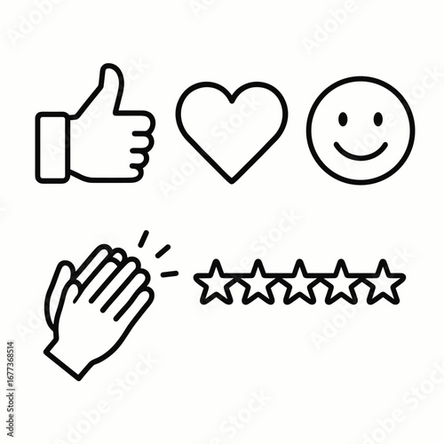 This clean vector illustration presents a collection of positive feedback and social media reaction icons, ideal for digital platforms and user interfaces.