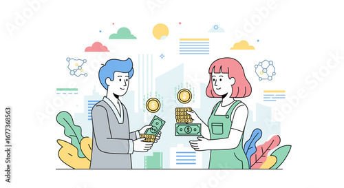 Two individuals engage in a financial transaction, exchanging cash and coins, symbolizing business deals, payment, or investment in a modern, illustrative style.