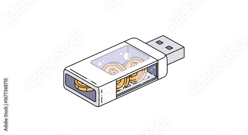 An isometric illustration depicts a modern USB flash drive containing shimmering gold coins, symbolizing digital currency, secure financial technology, and valuable online savings.