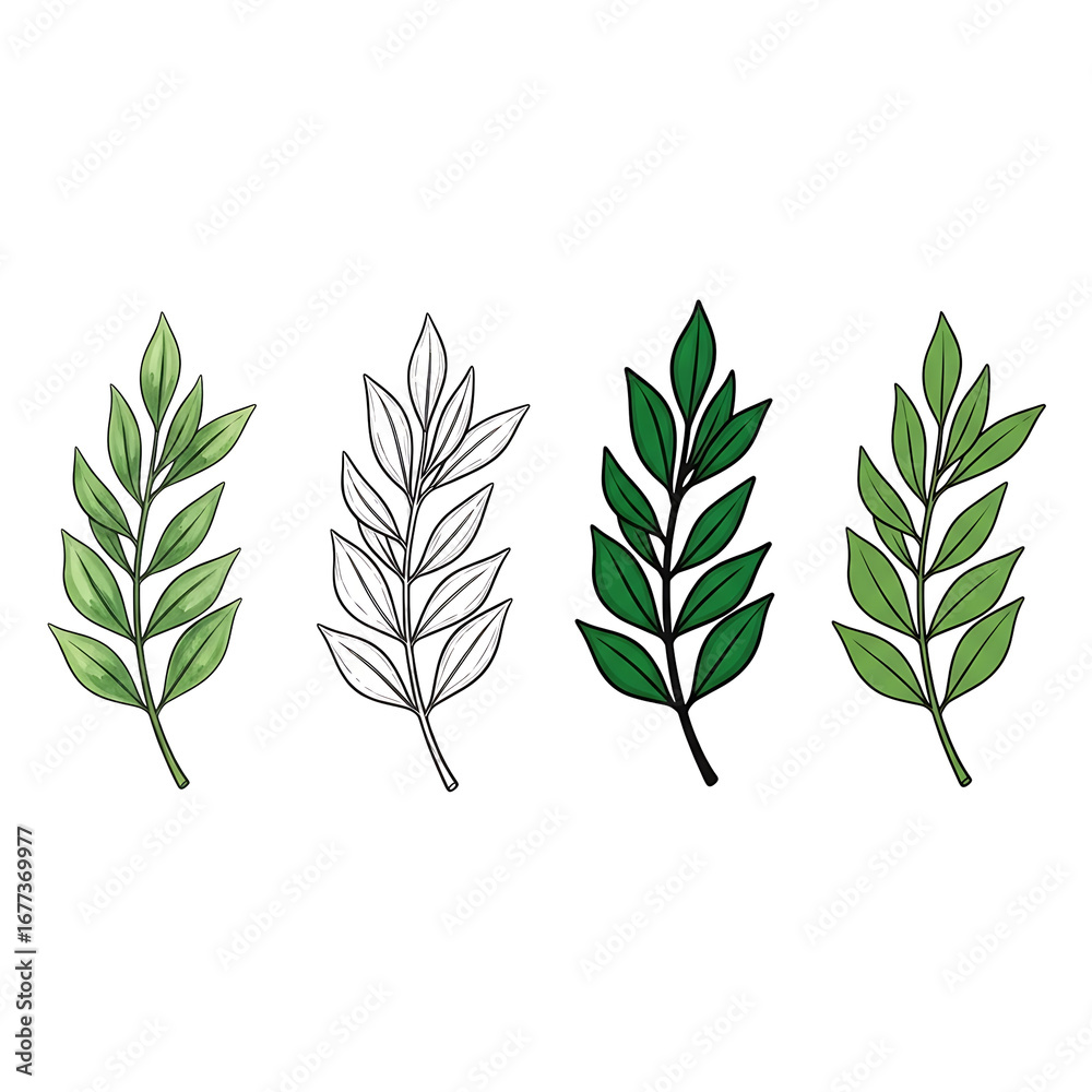 Fototapeta premium Elegant Leaf Branch Illustration with Watercolor and Outline Effects