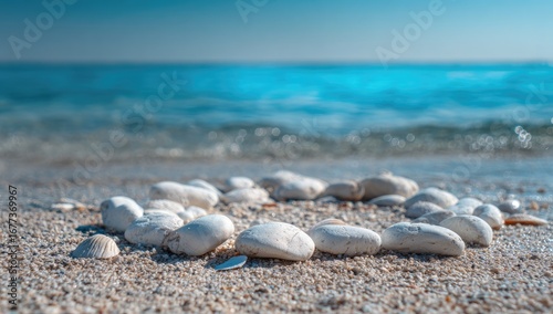 Smooth white stones arranged in a circle on a sandy beach, with a gently lapping turquoise ocean in the background