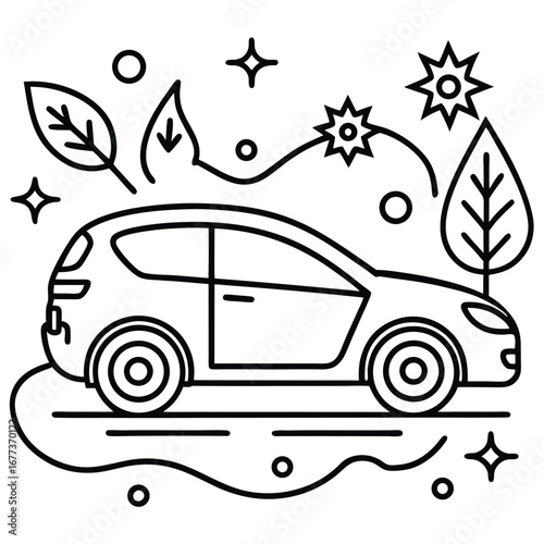 Modern electric car green energy style coloring page vector line art design 