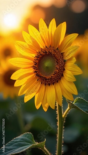 Close-up of a sunflower field at sunset, its petals shimmering with dew drops, creating a sparkling effect The warm light enhances the vibrant yellow and deep brown tones , sunrise, seed