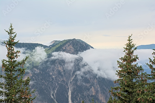 Landscape with pine trees and cloudy mountains in La Vanoise nature reserve, France. 