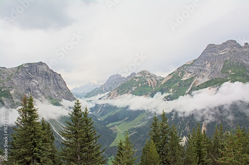 Landscape with pine trees and cloudy mountains in La Vanoise nature reserve, France. 