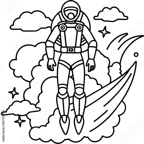 Person soaring through the sky with a futuristic jet ski coloring page vector art design 