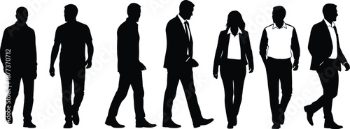 Silhouettes of diverse business people walking, formal attire, teamwork concept, corporate environment, leadership, professional office staff vector illustration.