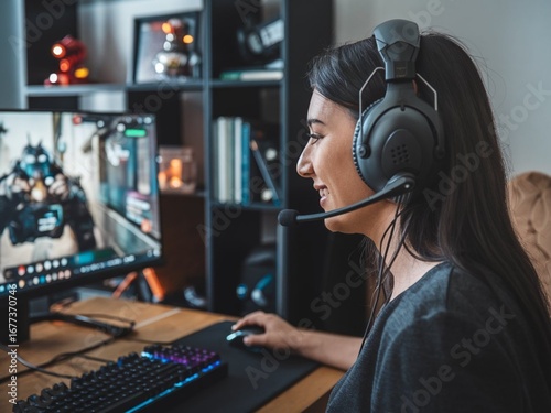 Young woman gamer streaming online with headset and computer