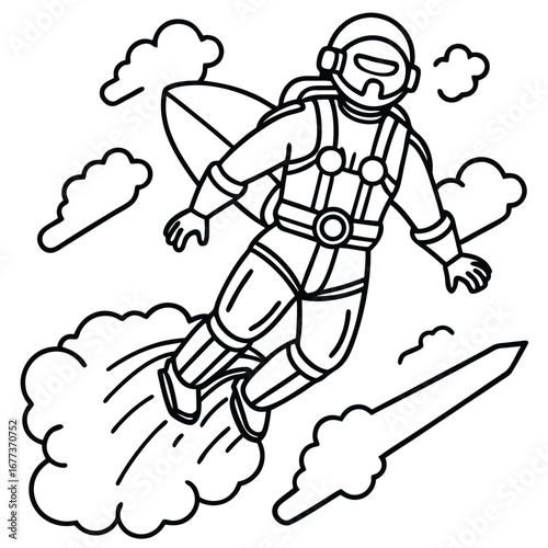 Person soaring through the sky with a futuristic jet ski coloring page vector art design 