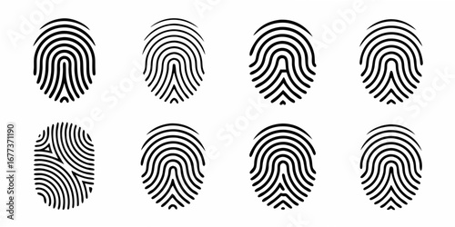 Collection of diverse black fingerprint icons on a clean white background representing identity and security