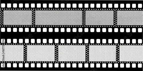 Two rows of vintage filmstrips with empty transparent frames and sprocket holes on black background