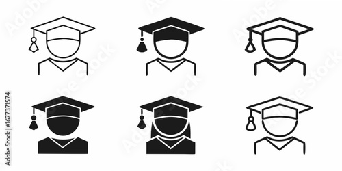 Set of six graduation cap icons representing students in different styles and fill types