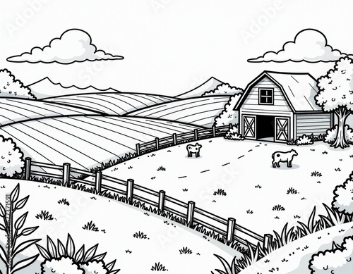 Farm Landscape Line Art Barn, Cows, and Rolling Fields.