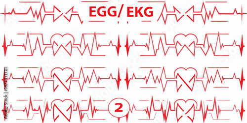 Red electrocardiogram heart rhythm lines with ekg egg text and number two symbol