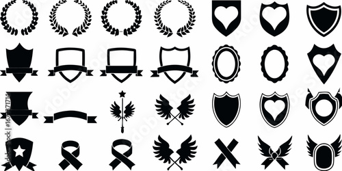 Collection of black heraldic shields crests laurels ribbons and wings symbols