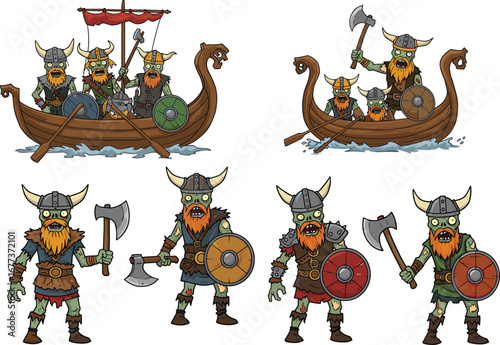 Cartoon Viking Warriors Vector Set with Horned Helmets, Shields, Axes, and Viking Ships in Action, Medieval Norse Warrior Illustration
