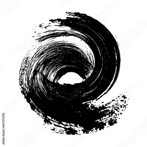 Abstract black brush stroke forming a swirling vortex shape on a white background creating a dynamic effect