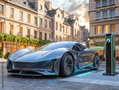A detailed 3D rendering of a futuristic electric car charging at a sleek, modern charging station in a clean urban environment.