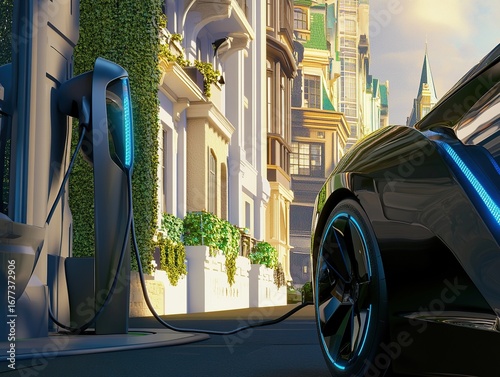 A detailed 3D rendering of a futuristic electric car charging at a sleek, modern charging station in a clean urban environment.