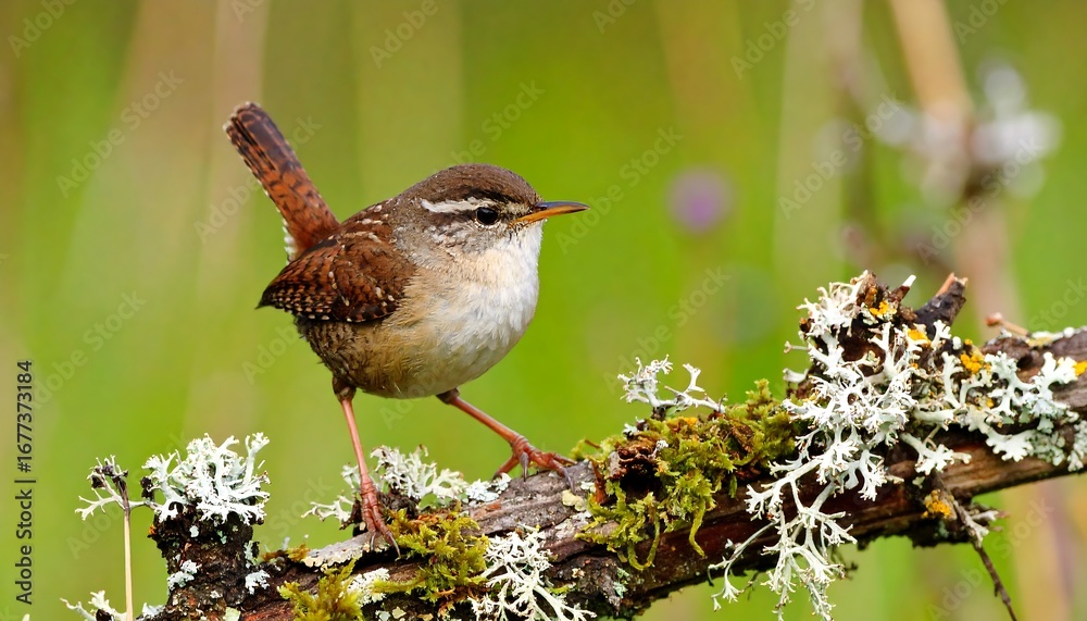 Naklejka premium A small, speckled bird perches gracefully on a branch adorned with lichen and moss, showcasing a rich palette of browns and whites against a blurred, grassy backdrop.