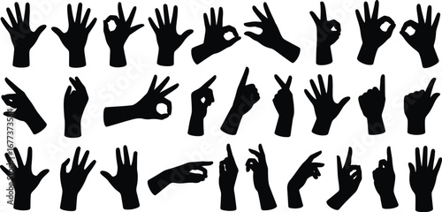 Hand Gesture Silhouette Collection – Isolated Vector Set on White Background – Includes Pointing, Thumbs Up, Holding, Grabbing – Ideal for Communication, Design, and Body Language Elements