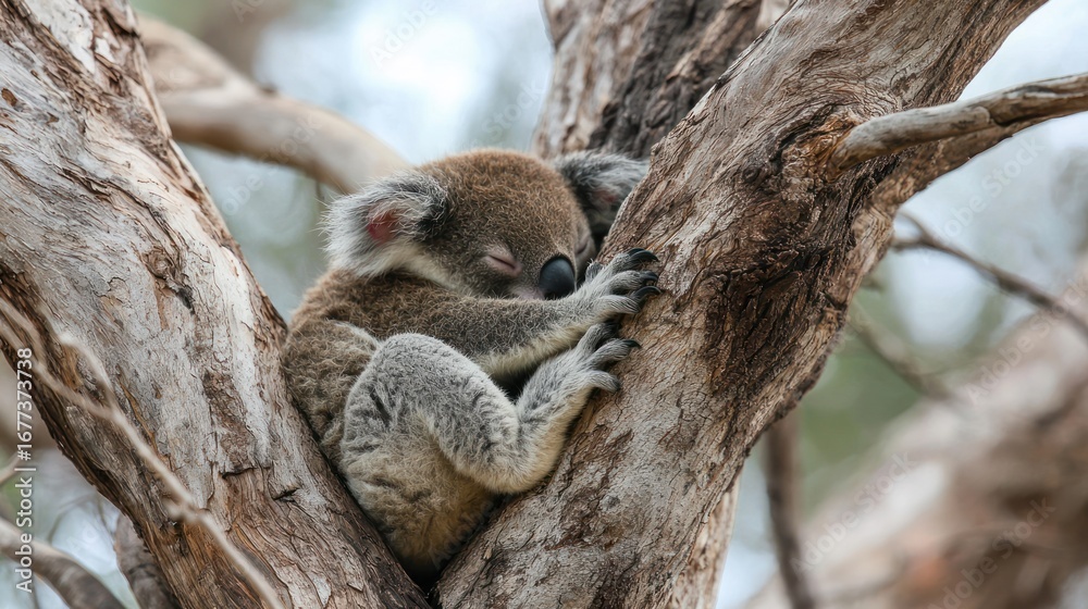Obraz premium A baby koala snuggling with its mother in a tree, exuding warmth and cuteness.