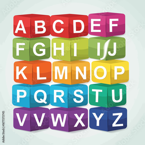 Colorful alphabet blocks arranged in a grid pattern, showcasing each letter in a different colored cube.