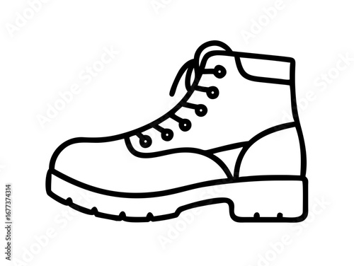 Outline of a sturdy leather work boot for construction and hiking footwear apparel with laces and thick sole
