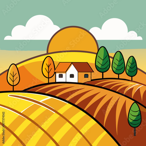 Cartoon autumn farmland scenery vector illustration golden fields rolling hills and cozy house