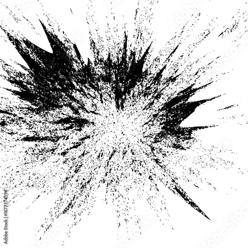 Black and white explosion effect with a burst of splatters and jagged edges radiating outwards from center