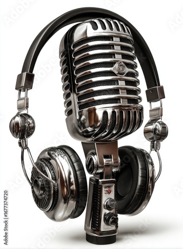 Vintage microphone and headphones, a polished metallic  recording equipment, set against a plain white background.
