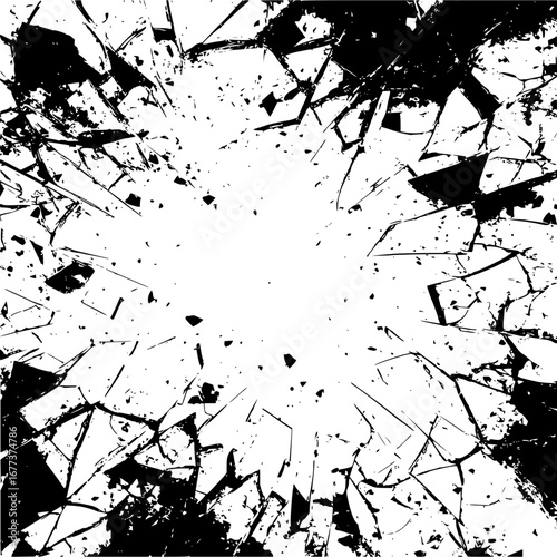 A black and white image showcasing a shattered or broken surface with a central point of impact effect
