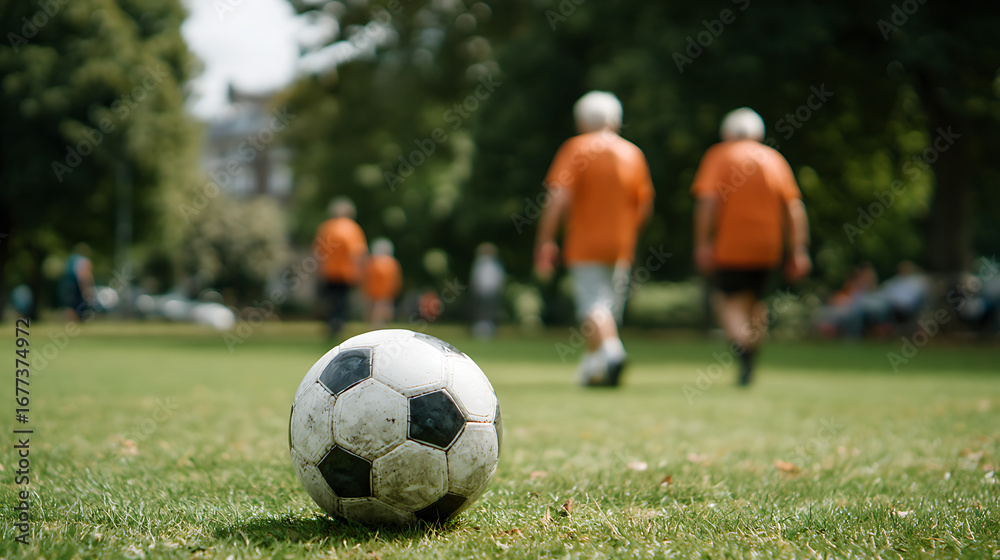Obraz premium soccer ball perspective on green grass field with elderly men in orange shirts background playing casual game concept of fitness health active lifestyle and outdoor recreation