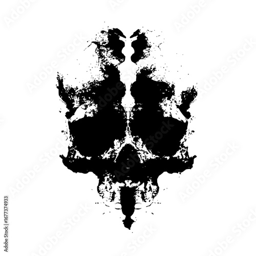 Symmetrical black ink blot resembling a skull on a white background with abstract shapes and patterns