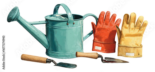 Gardening Tools with Colorful Gloves and Watering Can Isolated