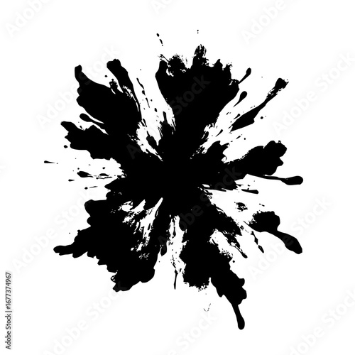 Abstract black ink blot with radiating splatters and drips on a white background creating a dynamic effect