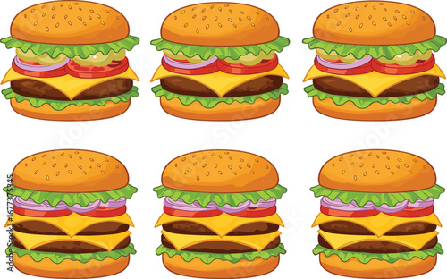 Delicious cheeseburger vector illustration set with fresh lettuce, tomato, cheese, onions, and sesame bun, classic fast food design.