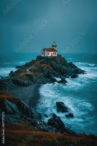 Coastal lighthouse at dusk
